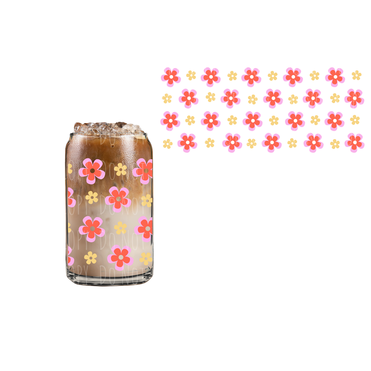Retro Red+Pink Flowers (DOUBLE SIDED) UVDTF 16oz cup wrap
