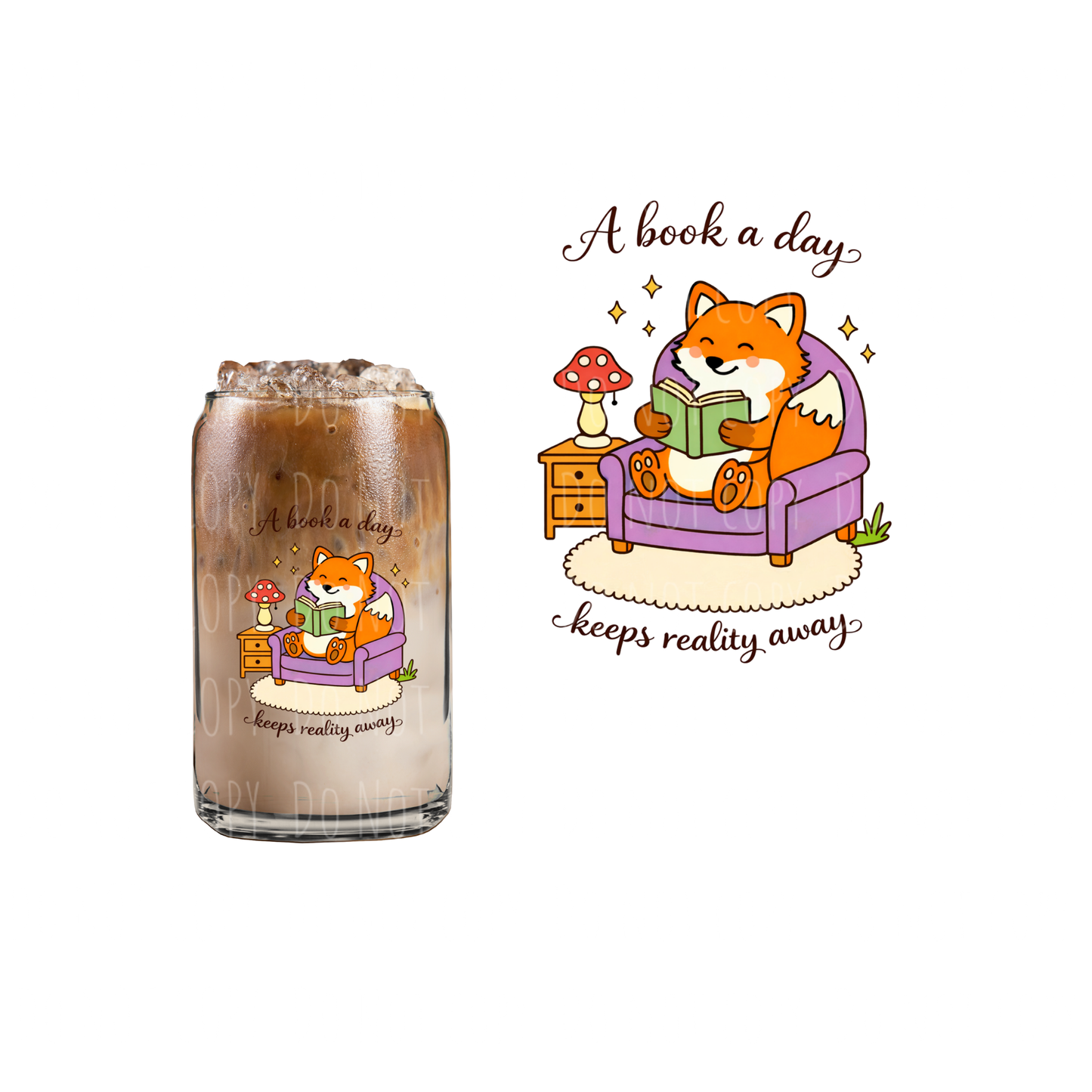 A Book A Day Keeps Reality Away Fox (DOUBLE SIDED) UVDTF decal