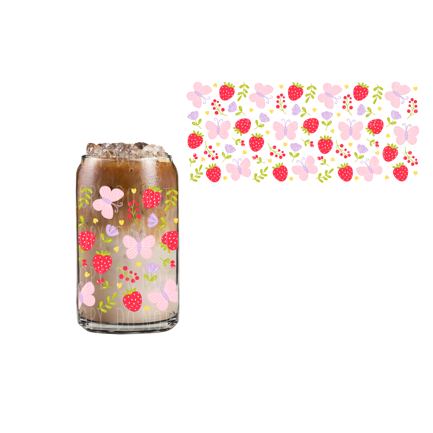 Pink Butterflies + Red Strawberries (DOUBLE SIDED) UVDTF 16oz cup wrap
