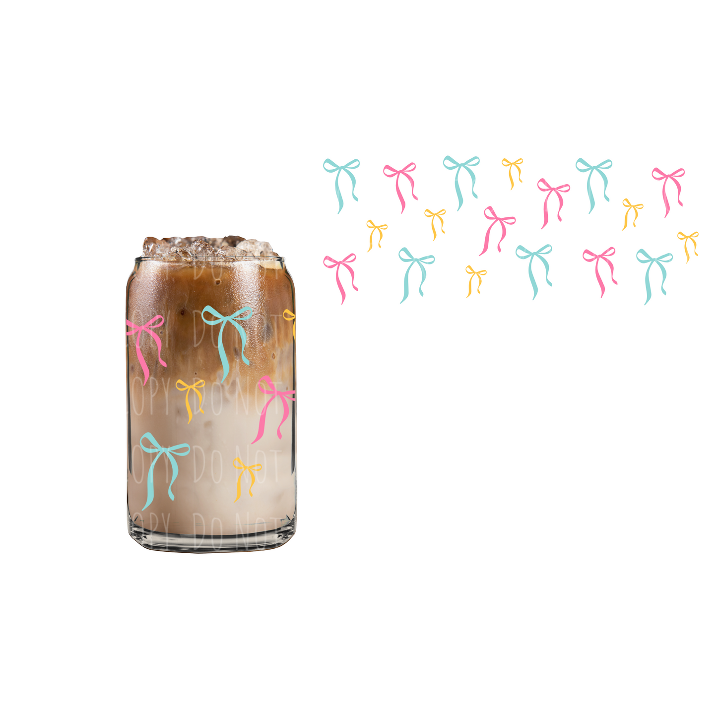 Teal,Pink and Yellow Bows (DOUBLE SIDED) UVDTF 16oz cup wrap
