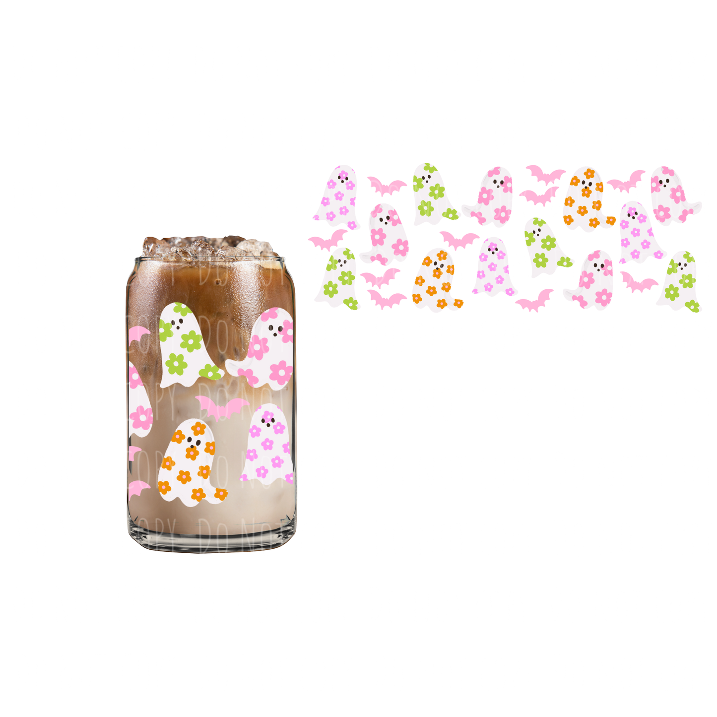 Retro Flower Ghosts + Pink Bats (DOUBLE SIDED) UVDTF 16oz cup wrap
