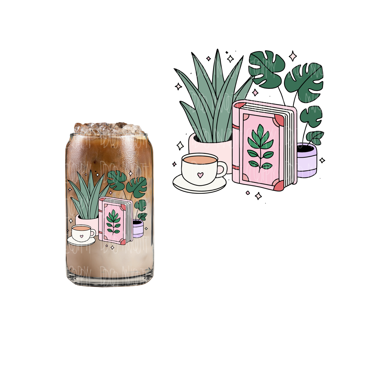 Plant, Book + Coffee (DOUBLE SIDED) UVDTF decal