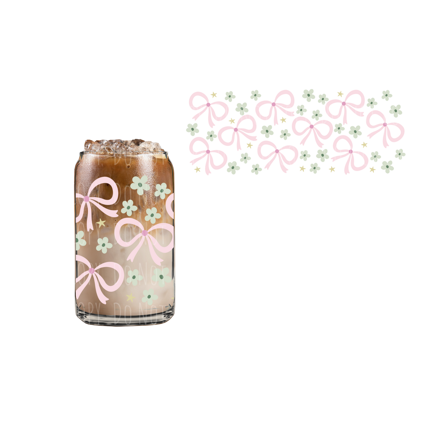 Pink Bows + Green Flowers (DOUBLE SIDED) UVDTF 16oz cup wrap