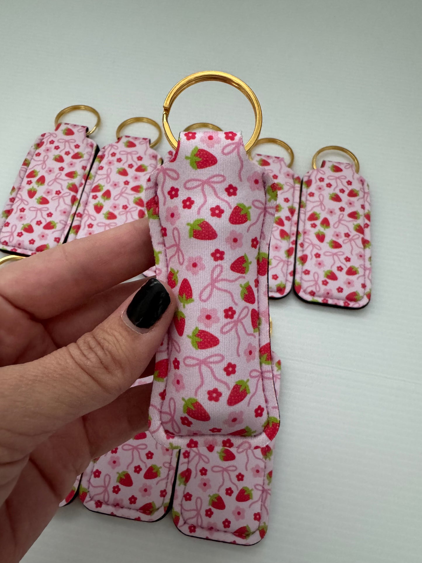 Strawberry + Bows Chapstick Holder Keychains (Pack of 5)