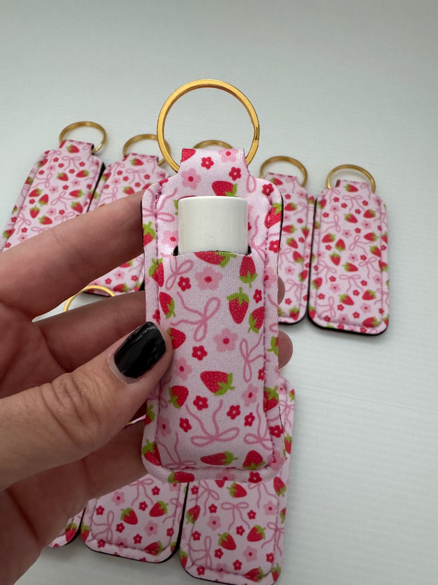 Strawberry + Bows Chapstick Holder Keychains (Pack of 5)