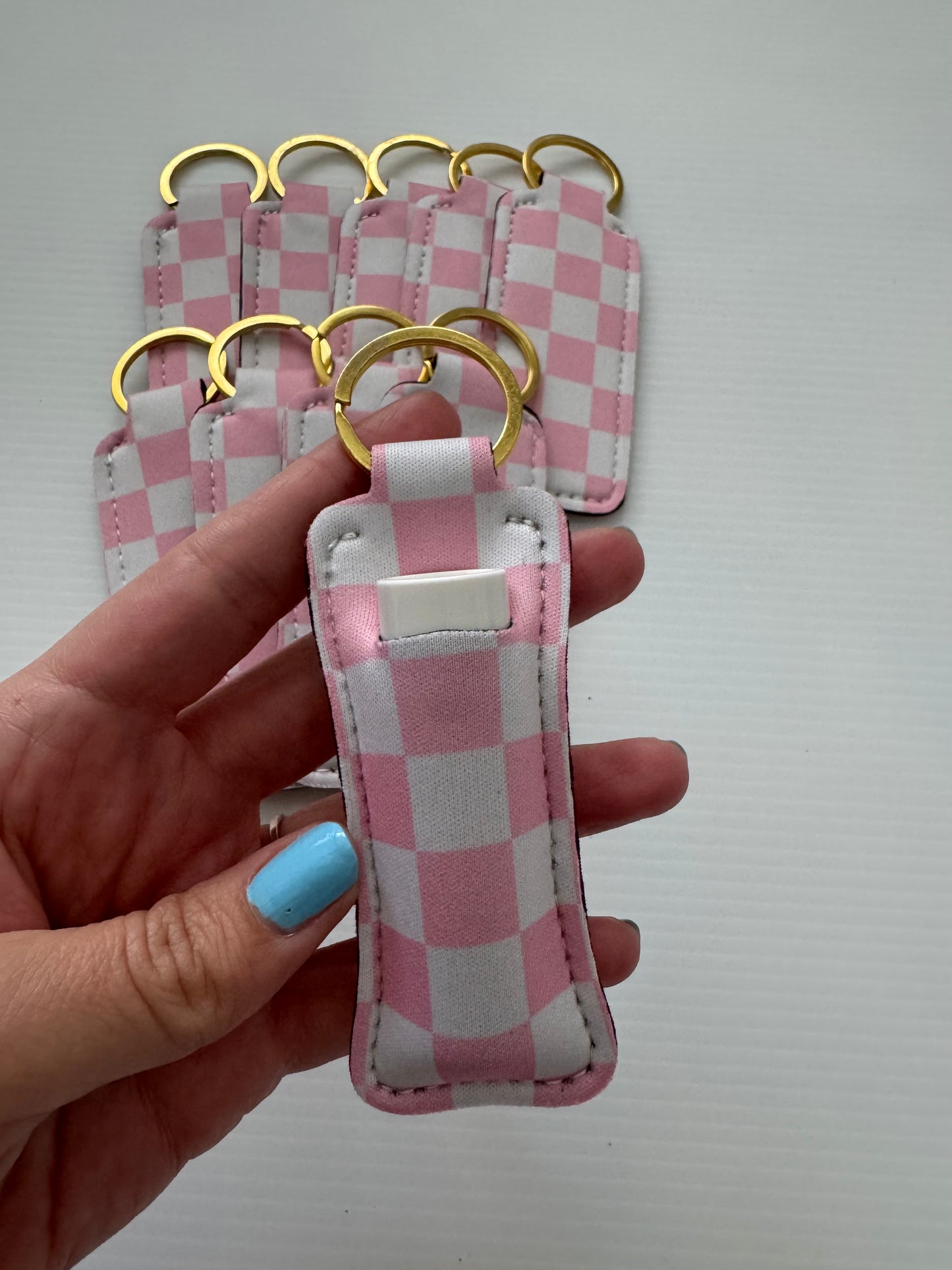 Pink+White Checkered Chapstick Holder Keychains (Pack of 5)