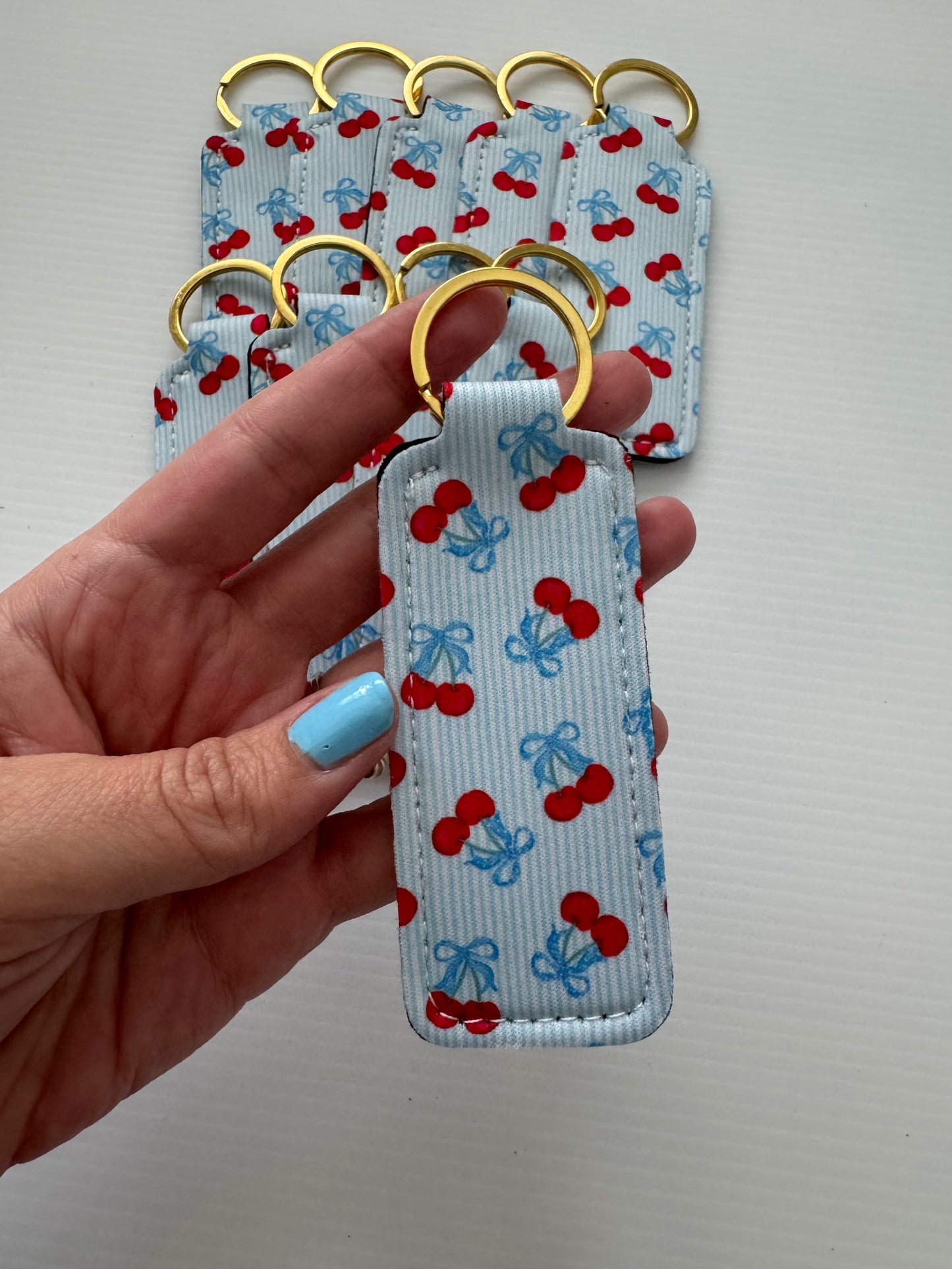 Cherries Blue Chapstick Holder Keychains (Pack of 5)
