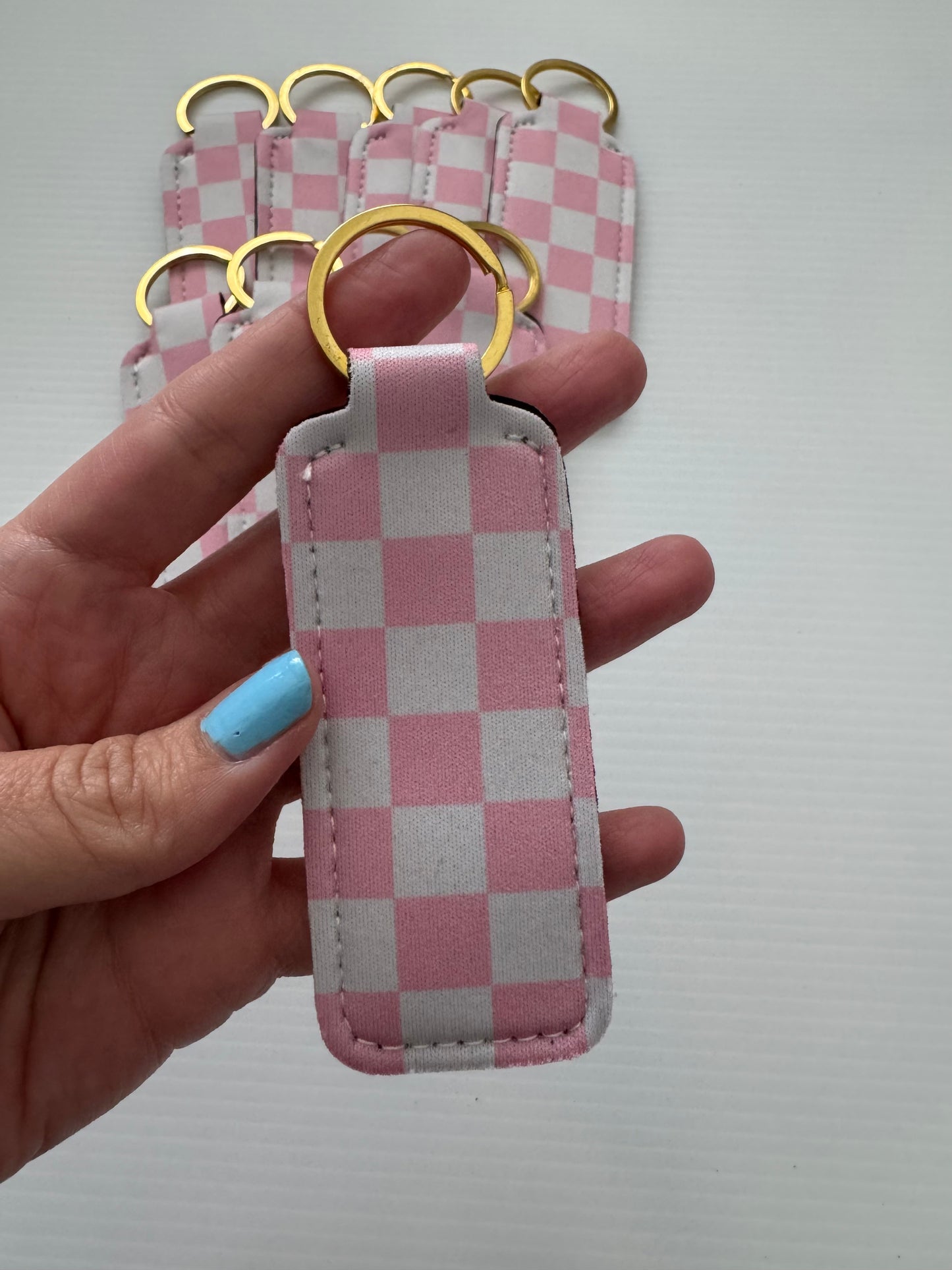 Pink+White Checkered Chapstick Holder Keychains (Pack of 5)