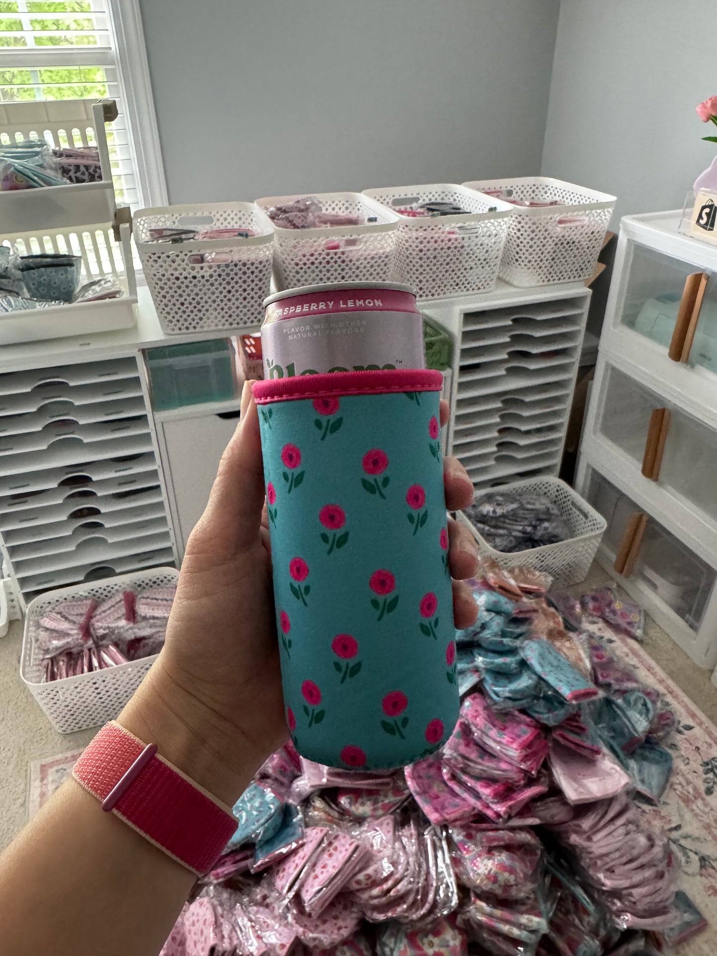 Dainty Pink Flower Tall Can Coozies