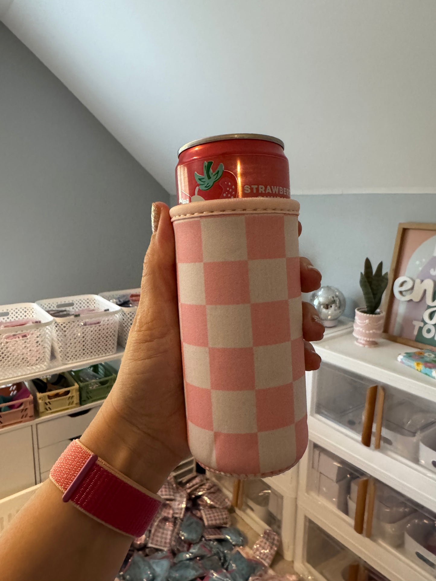 Pink + White Checkered Tall Can Sleeves