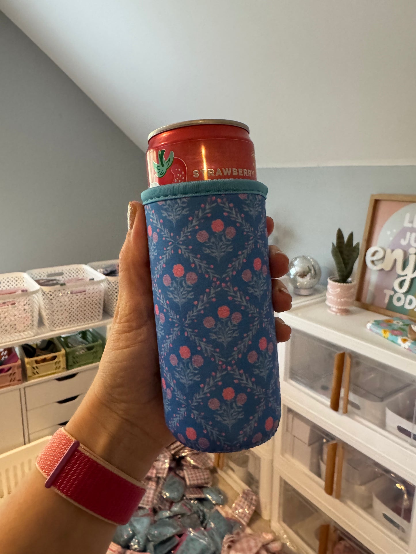 Blue + Pink Trellis Tall Can Sleeves