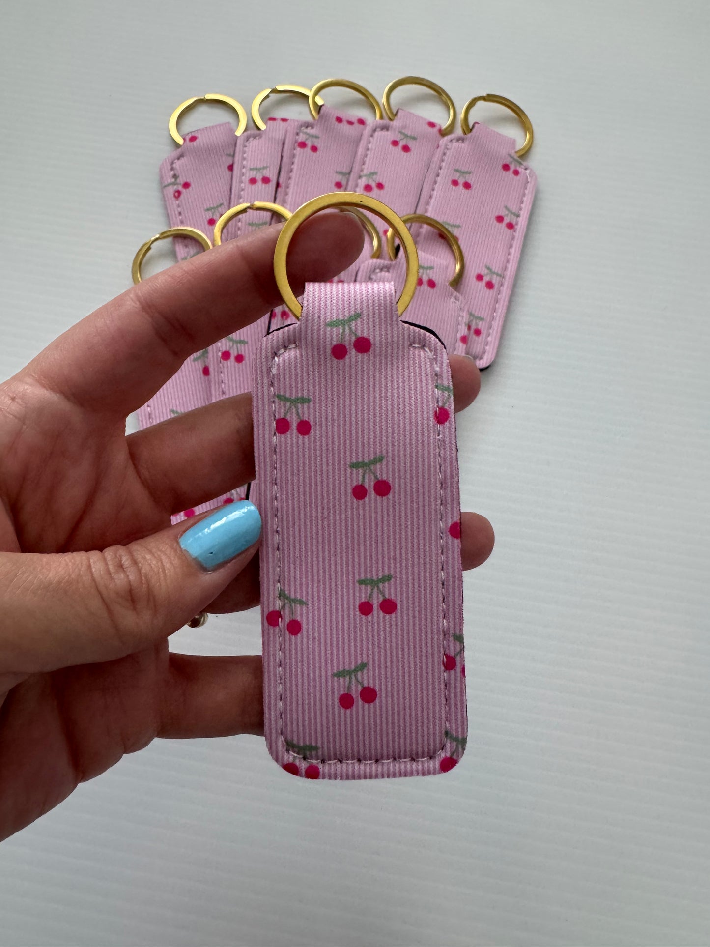 Mini Cherry Stripes Chapstick Holder Keychains (Pack of 5)