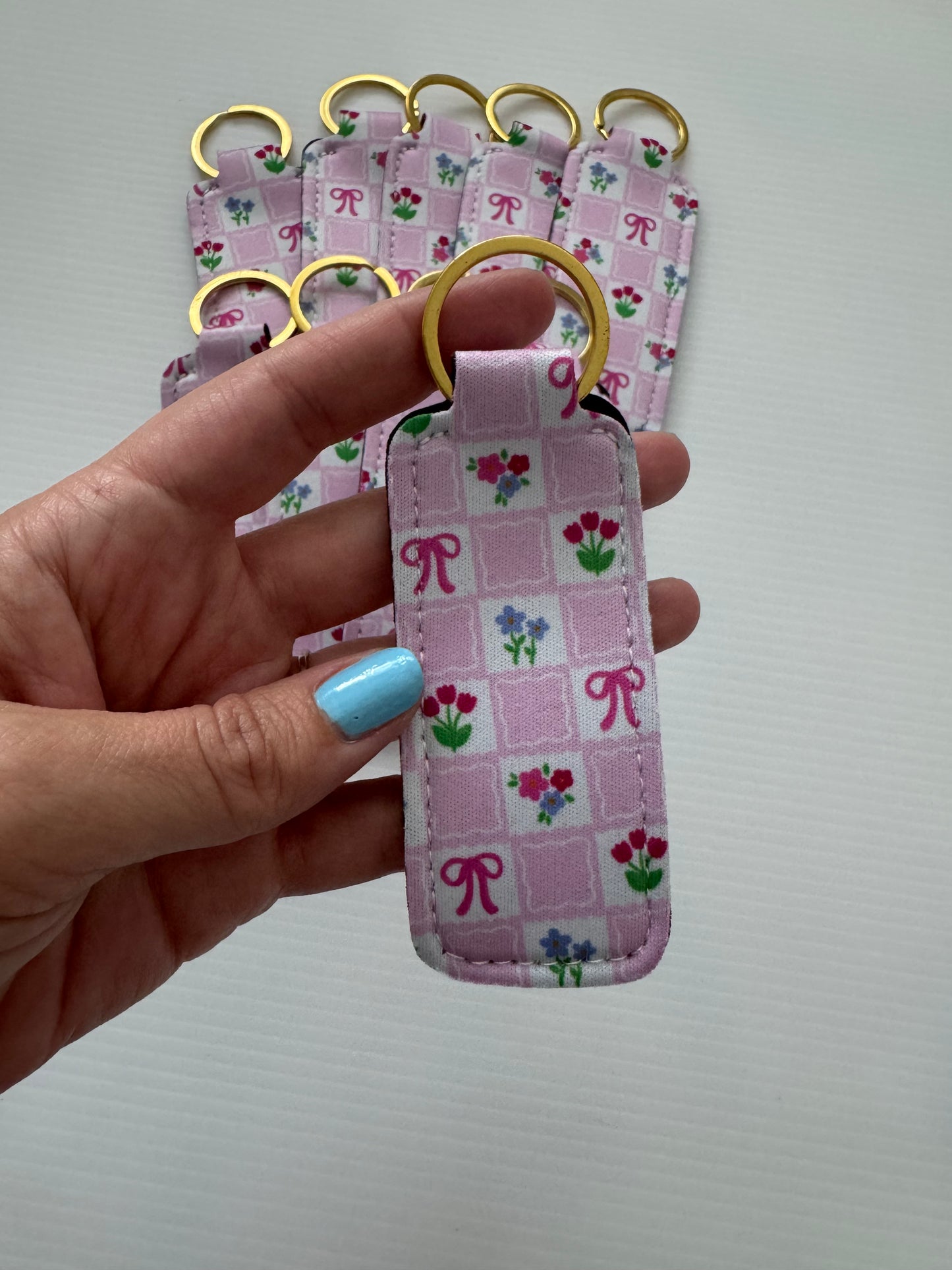 Checkered Bows + Flowers Chapstick Holder Keychains (Pack of 5)