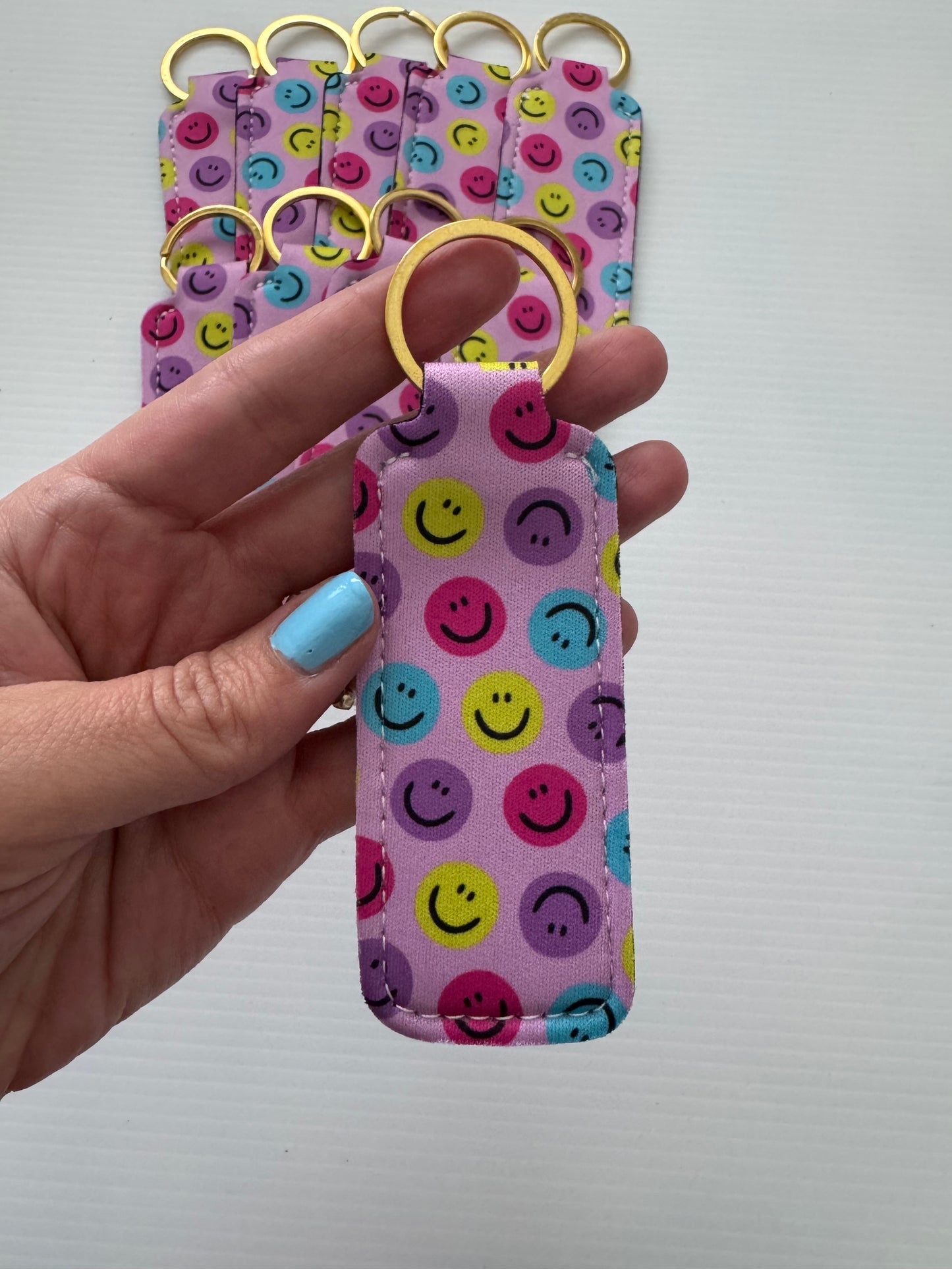 Purple Happy Faces Chapstick Holder Keychains (Pack of 5)