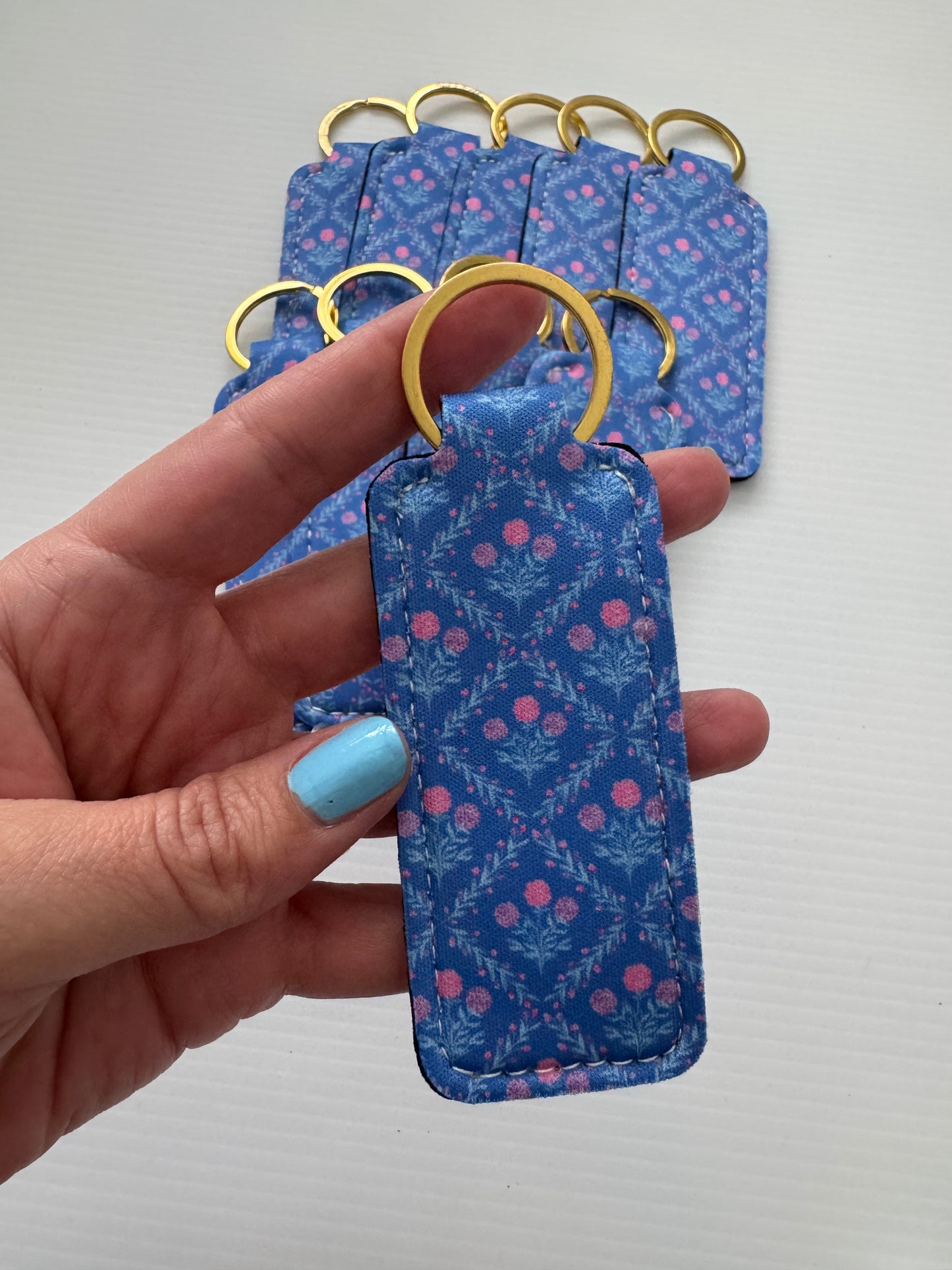 Blue Floral Trellis Chapstick Holder Keychains (Pack of 5)