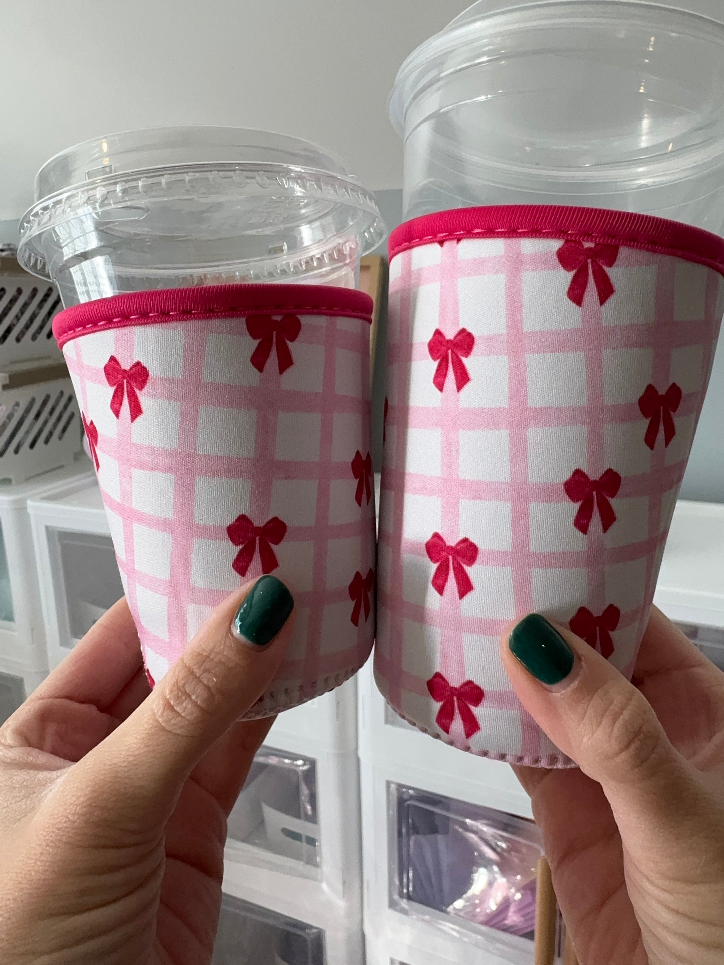 Pink + Red Bow Gingham Coffee Coozies