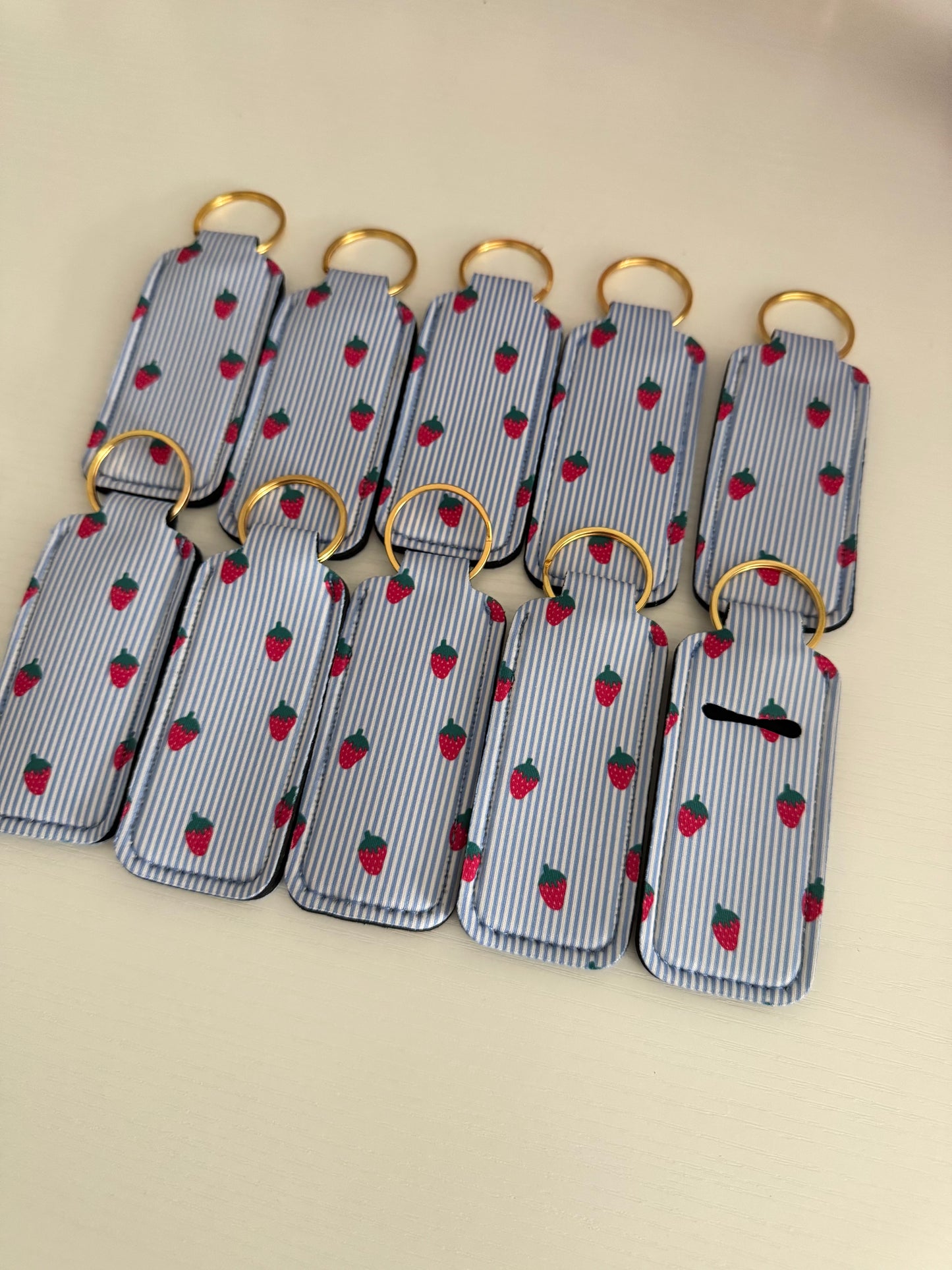 Stripes + Strawberries Chapstick Holder Keychains (Pack of 5)