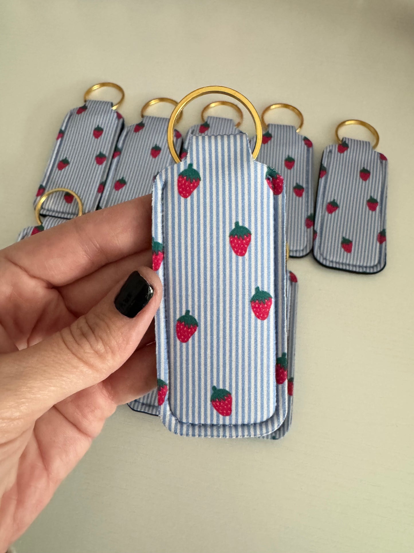 Stripes + Strawberries Chapstick Holder Keychains (Pack of 5)