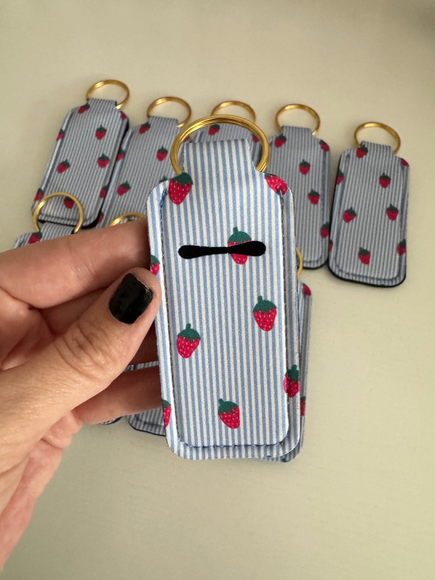 Stripes + Strawberries Chapstick Holder Keychains (Pack of 5)
