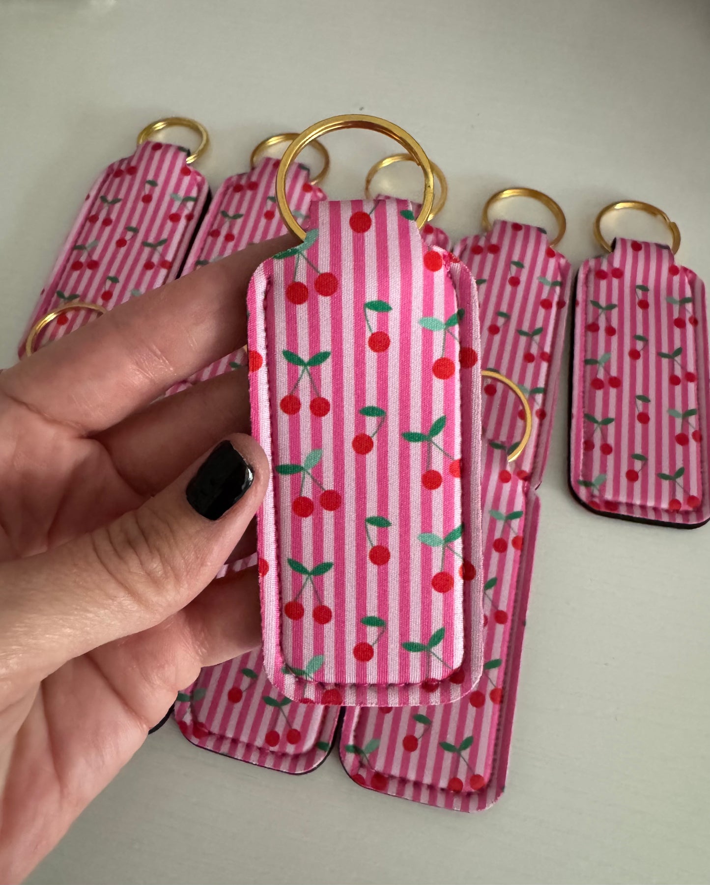 Cherry Stripes Chapstick Holder Keychains (Pack of 5)