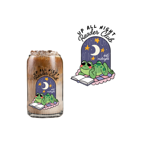 Up All Night Reader Club Frog (DOUBLE SIDED) UVDTF decal