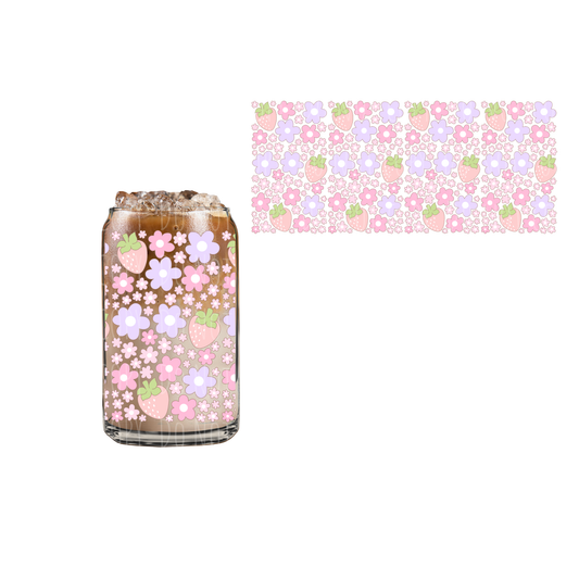 Pastel Strawberries + Flowers (DOUBLE SIDED) UVDTF 16oz cup wrap