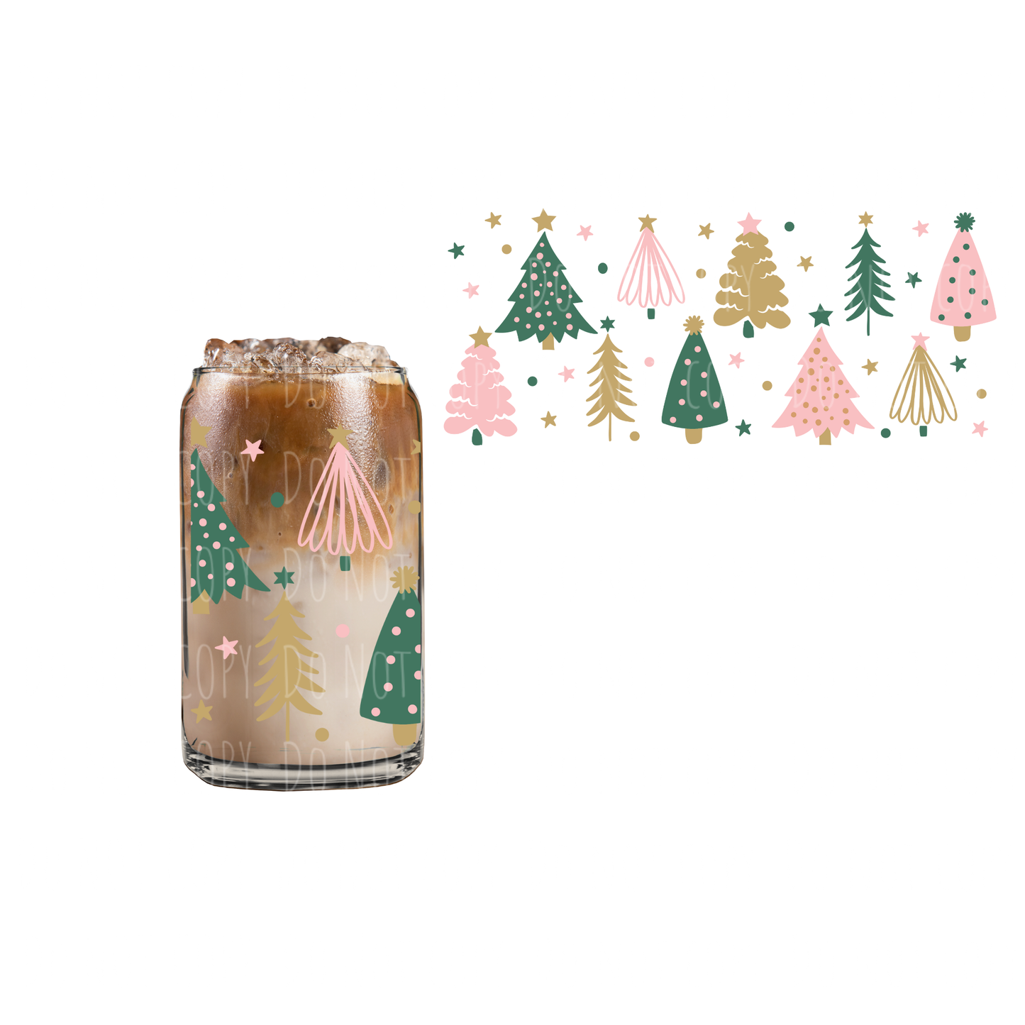 Light Pink, Gold + Green Trees (DOUBLE SIDED) UVDTF 16oz cup wrap