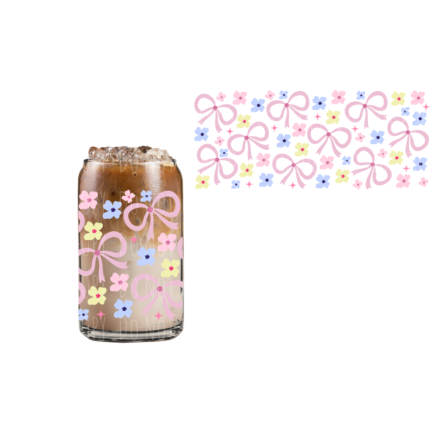 Pink Bow + Yellow,Pink and Blue Flowers (DOUBLE SIDED) UVDTF 16oz cup wrap