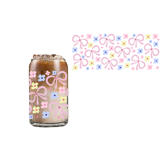 Pink Bow + Yellow,Pink and Blue Flowers (DOUBLE SIDED) UVDTF 16oz cup wrap