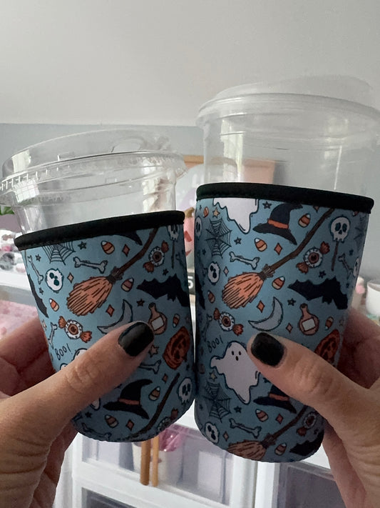 Teal Halloween Doodles Coffee Coozies