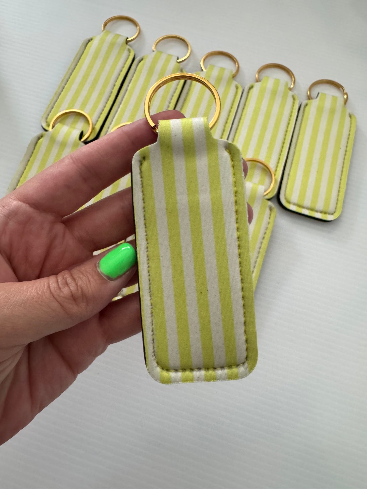 Lime Green + White Stripes Chapstick Holder Keychains (Pack of 5)