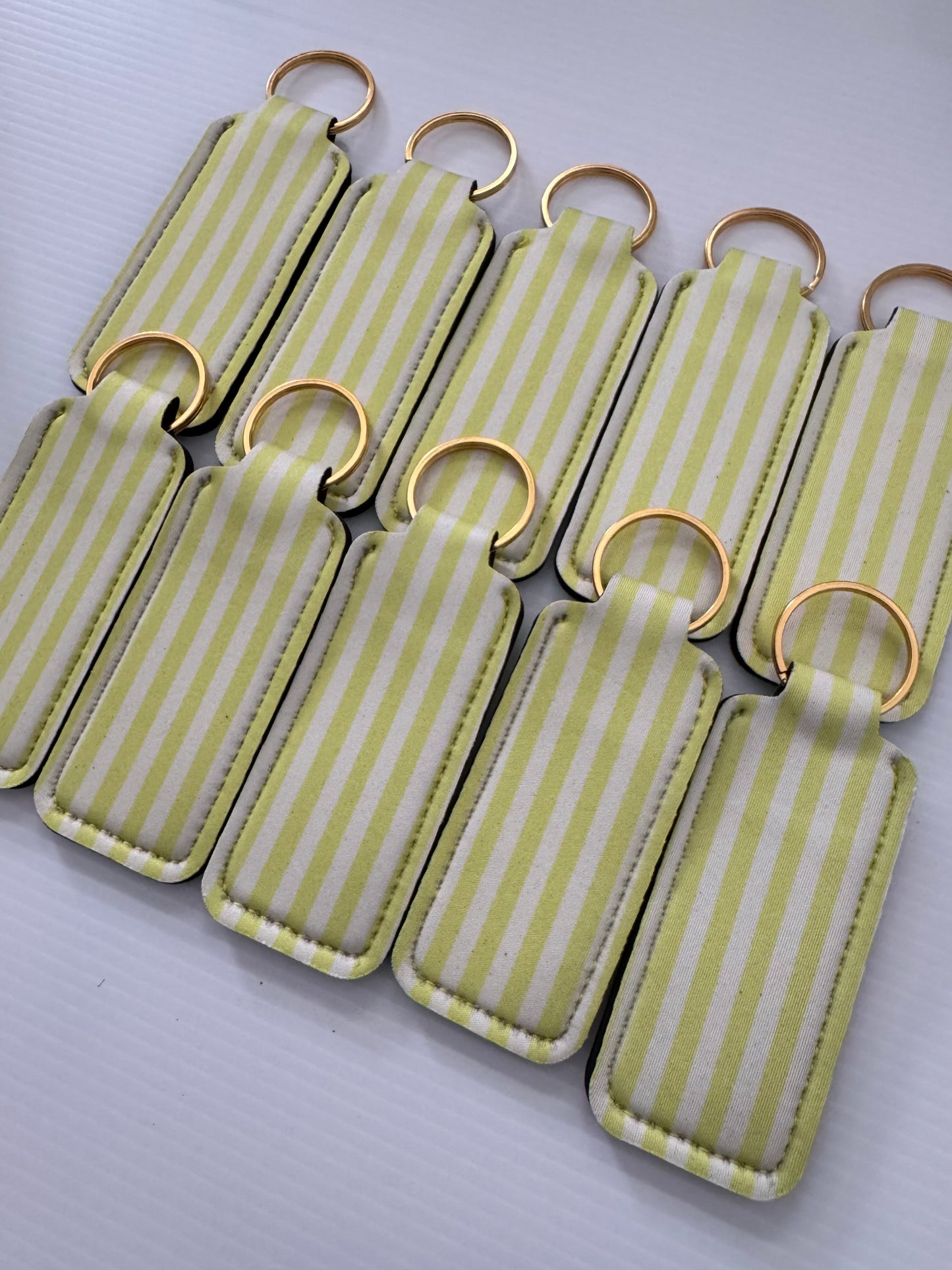Lime Green + White Stripes Chapstick Holder Keychains (Pack of 5)
