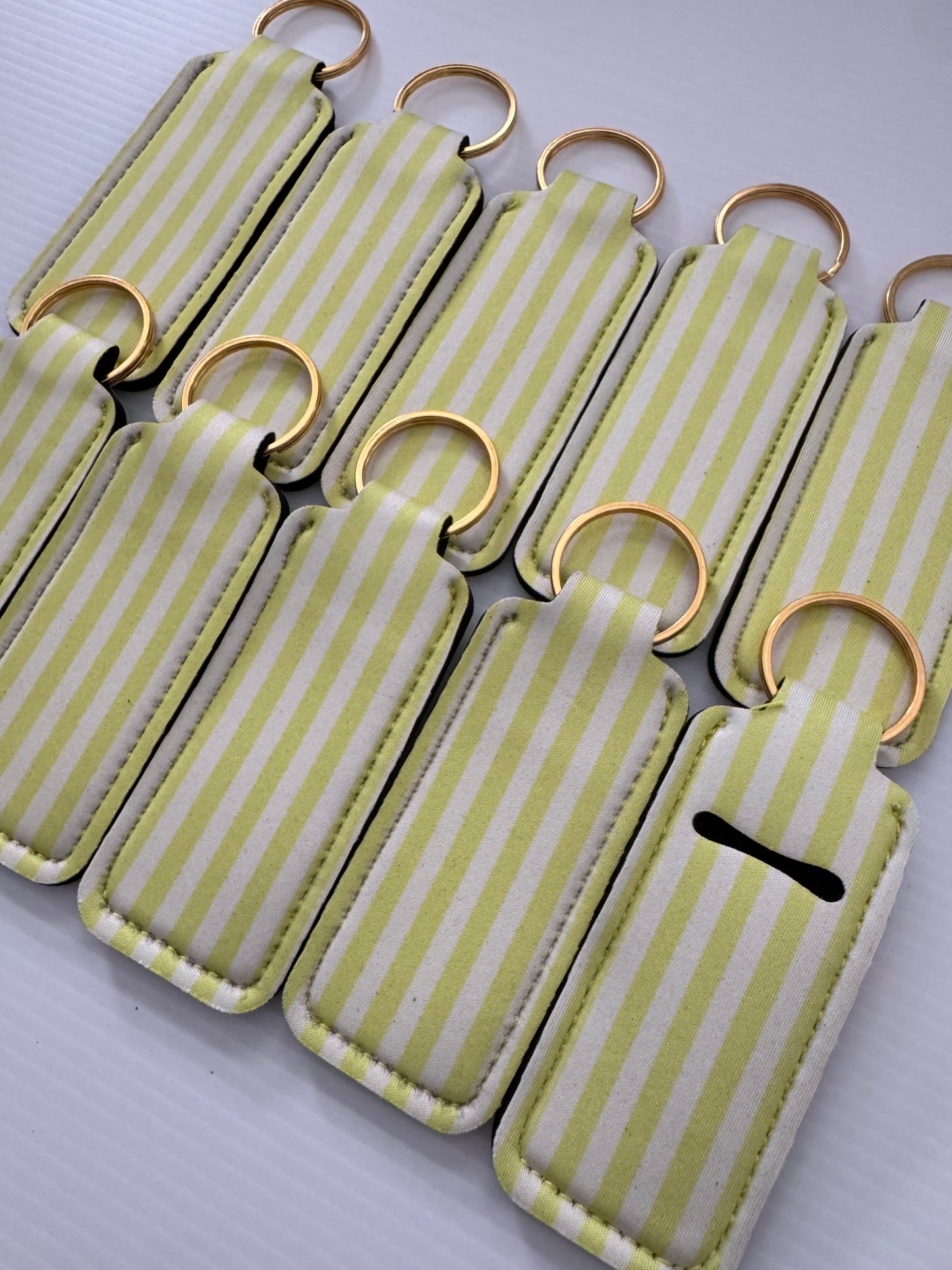 Lime Green + White Stripes Chapstick Holder Keychains (Pack of 5)