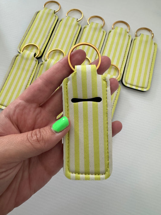Lime Green + White Stripes Chapstick Holder Keychains (Pack of 5)