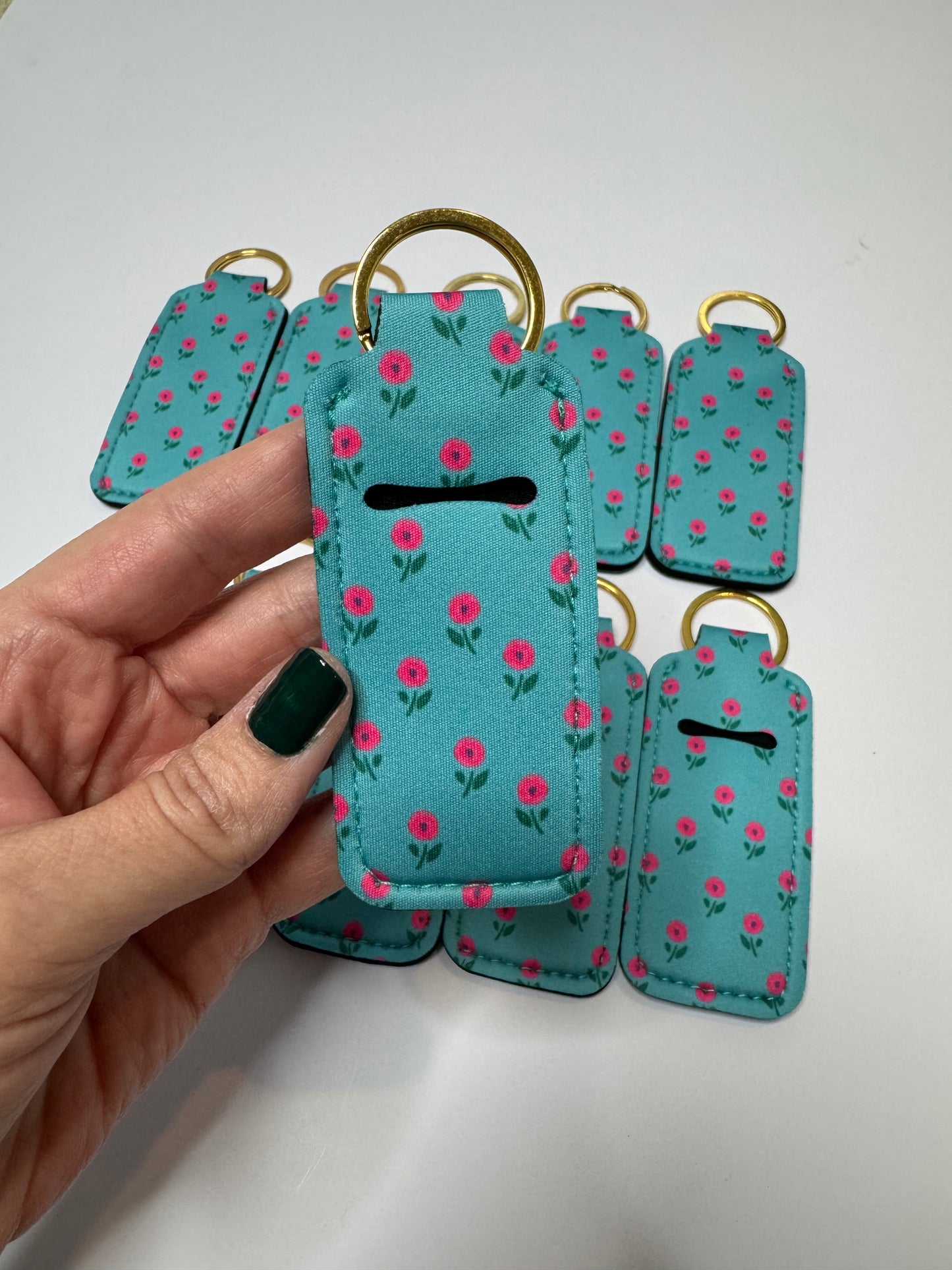 Mini Pink Flowers Chapstick Holder Keychains (Pack of 5)