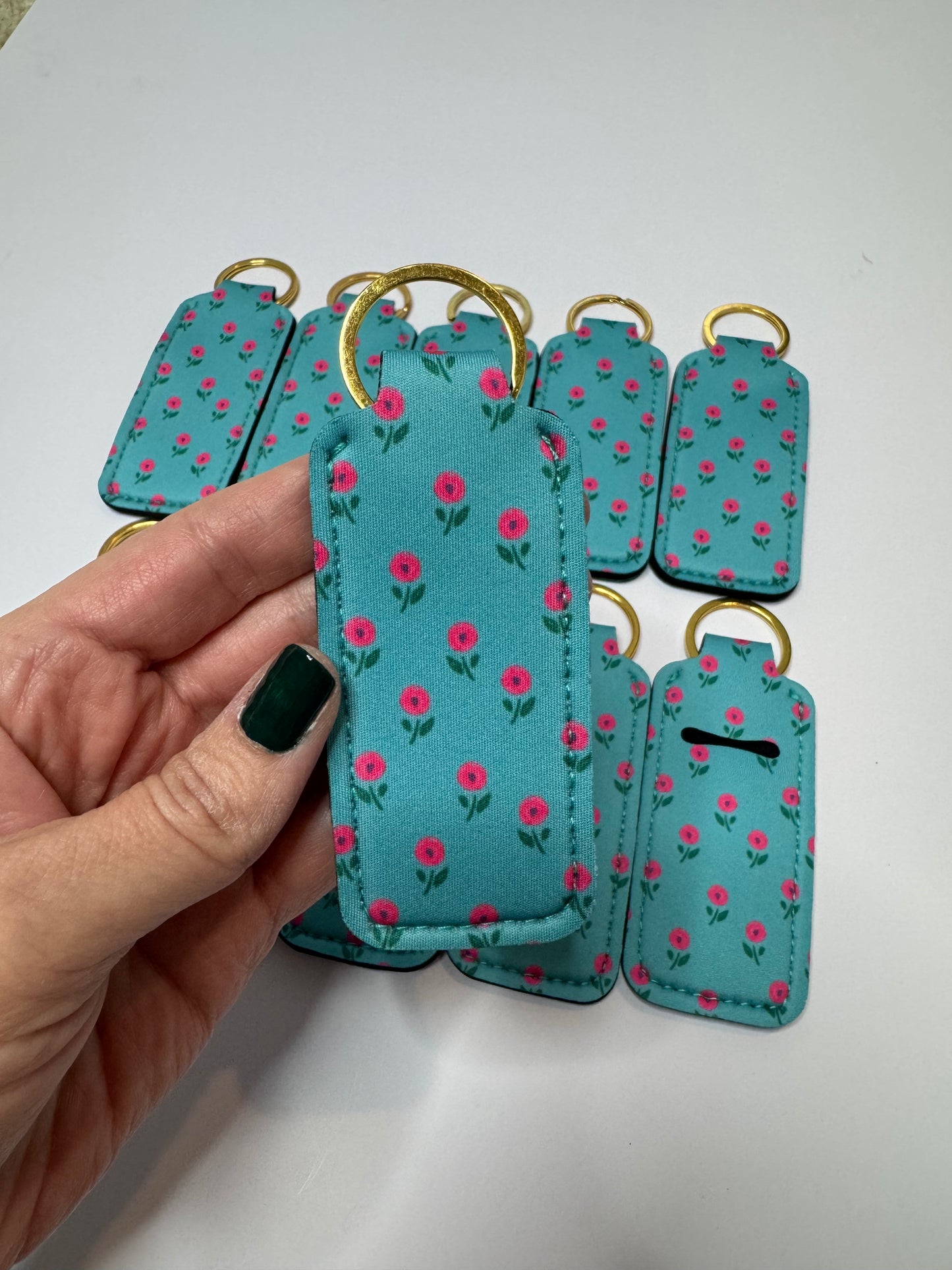 Mini Pink Flowers Chapstick Holder Keychains (Pack of 5)
