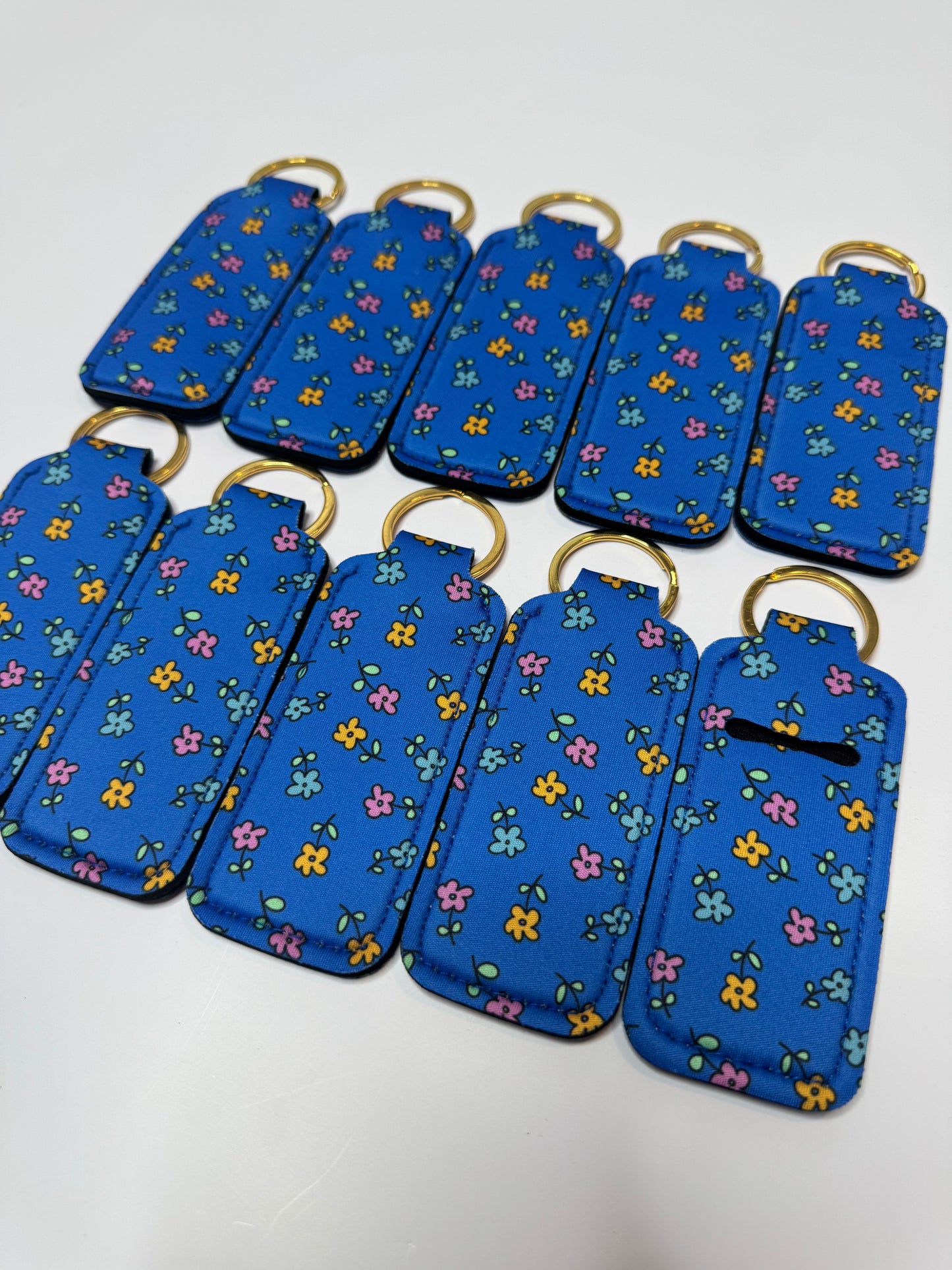 Blue With Tiny Flowers Chapstick Holder Keychains (Pack of 5)
