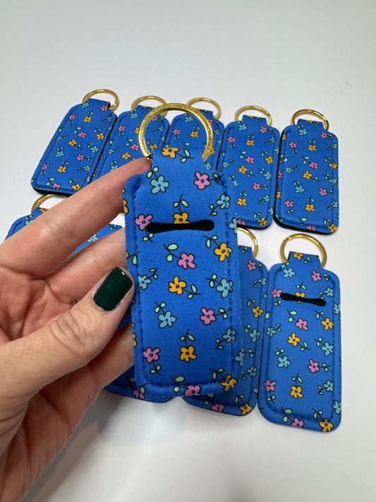 Blue With Tiny Flowers Chapstick Holder Keychains (Pack of 5)