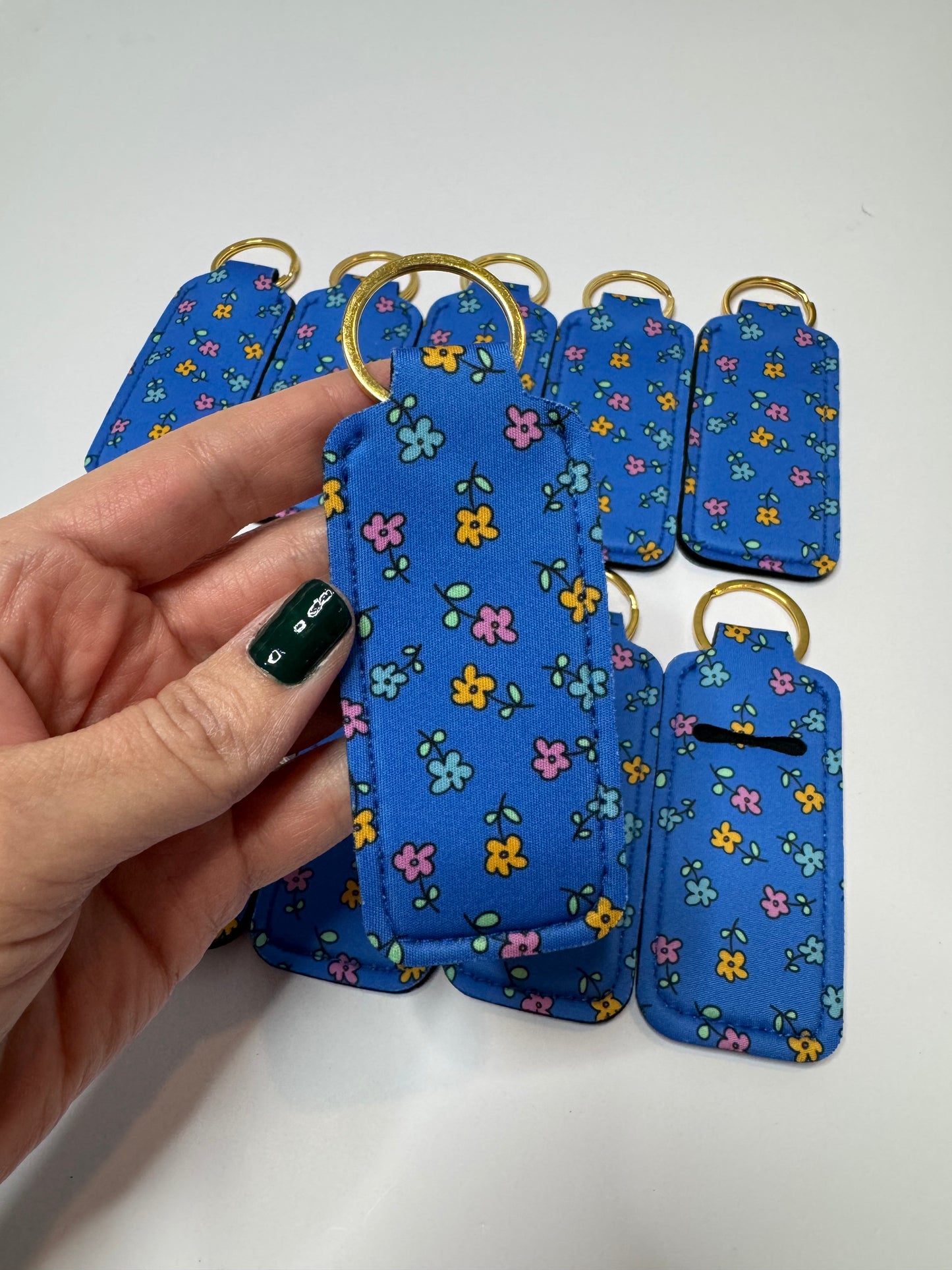 Blue With Tiny Flowers Chapstick Holder Keychains (Pack of 5)