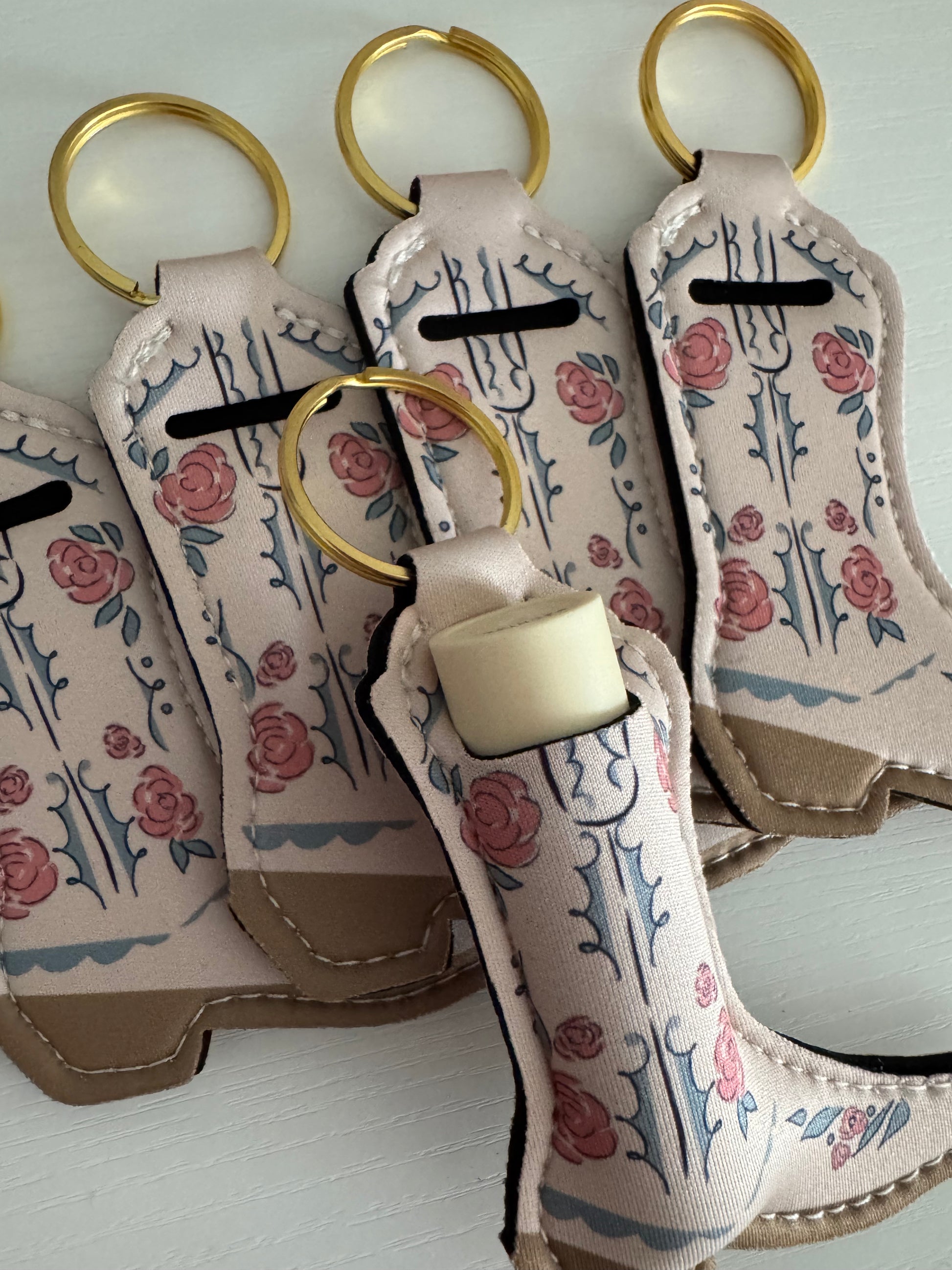 Ivory Keychain Ivory With Pink Flowers Boot Chapstick Holder Keychains (Pack of 5 ...