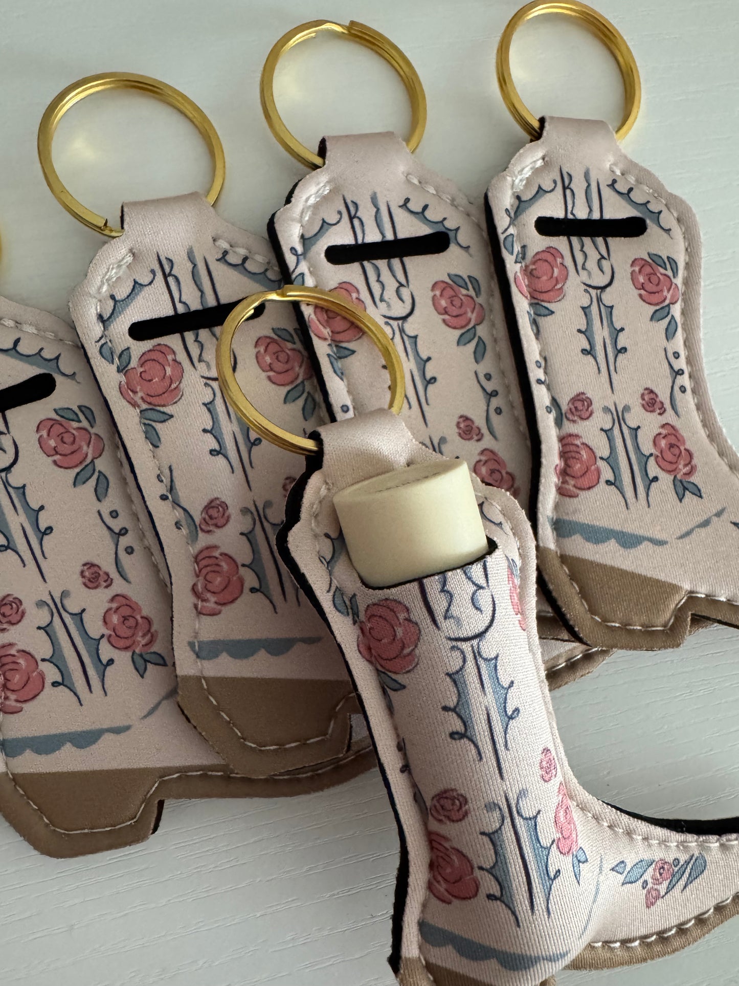 Ivory With Pink Flowers Boot Chapstick Holder Keychains (Pack of 5)
