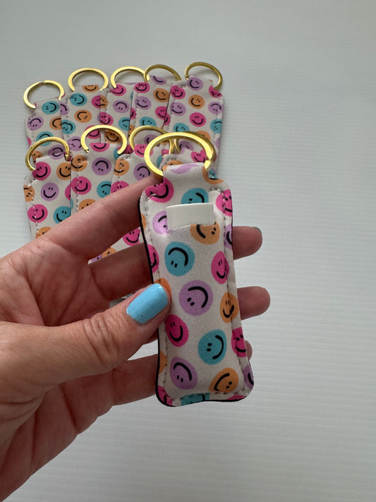 White Happy Faces Chapstick Holder Keychains (Pack of 5)