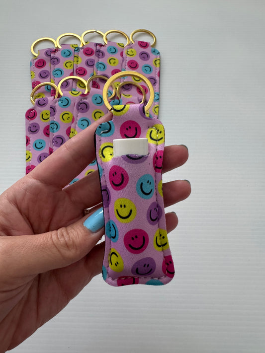 Purple Happy Faces Chapstick Holder Keychains (Pack of 5)