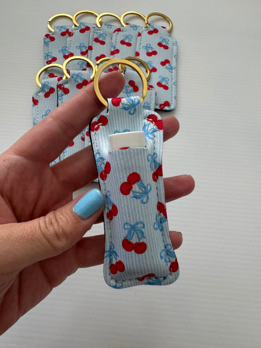 Cherries Blue Chapstick Holder Keychains (Pack of 5)