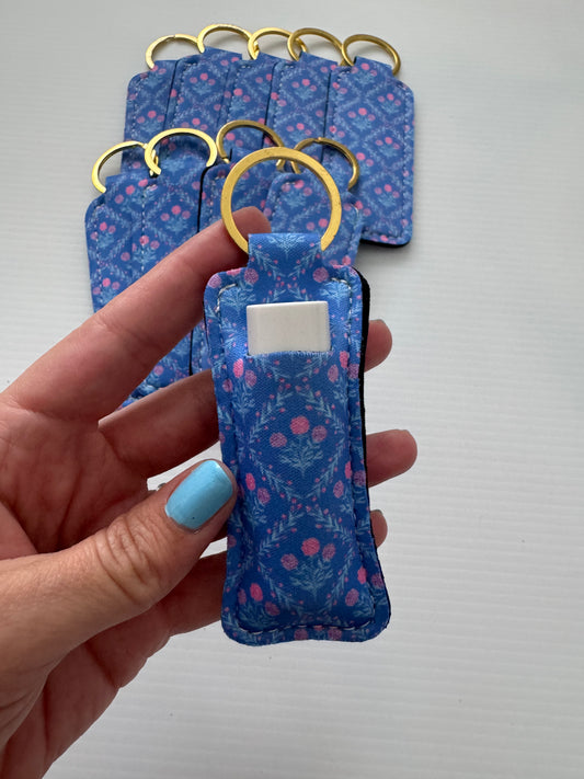 Blue Floral Trellis Chapstick Holder Keychains (Pack of 5)