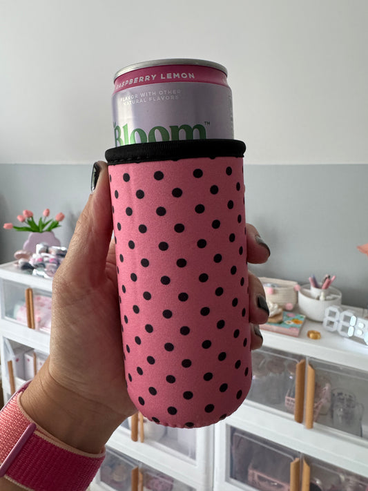 Pink With Black Polka Dots Tall Can Coozies