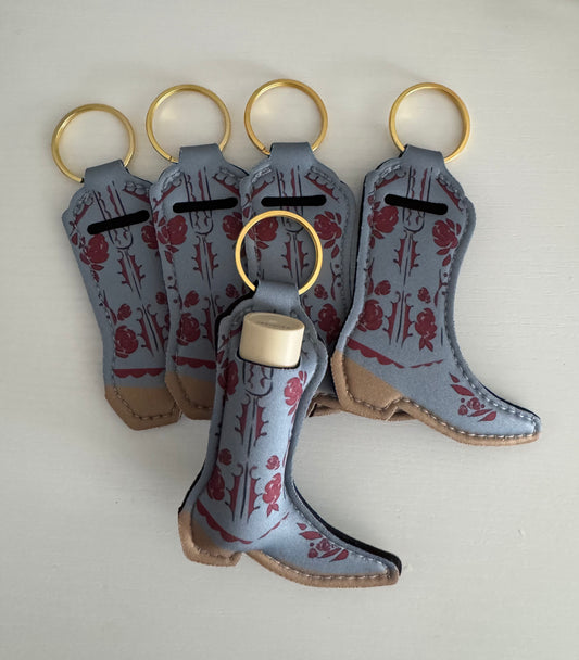 Light Blue Flowers Boot Chapstick Holder Keychains (Pack of 5)
