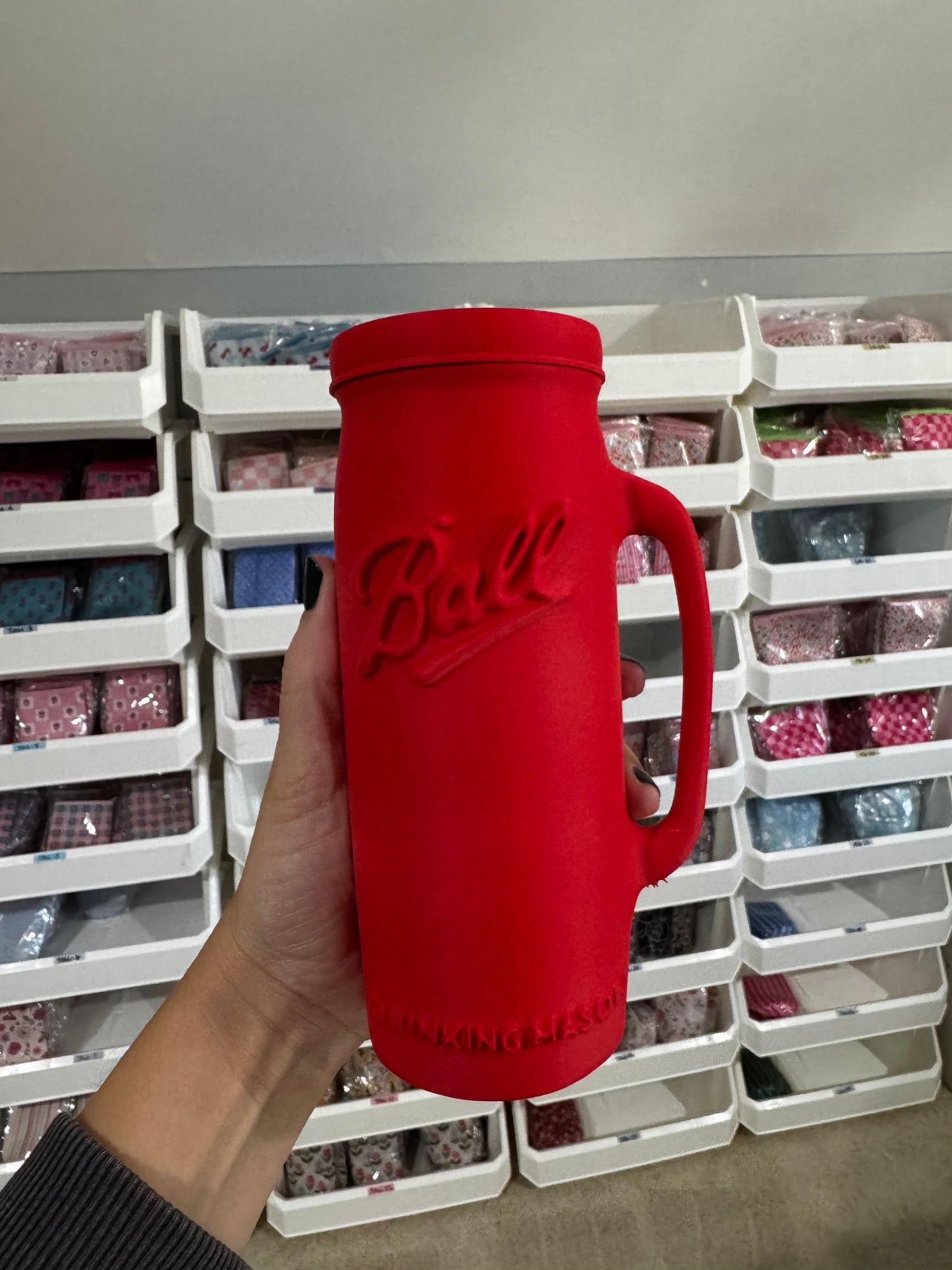 RED 3D Printed Tall Can Ball Jar Holder With Handle And Lid