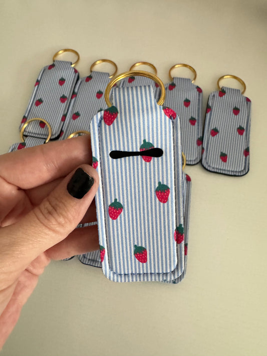 Stripes + Strawberries Chapstick Holder Keychains (Pack of 5)